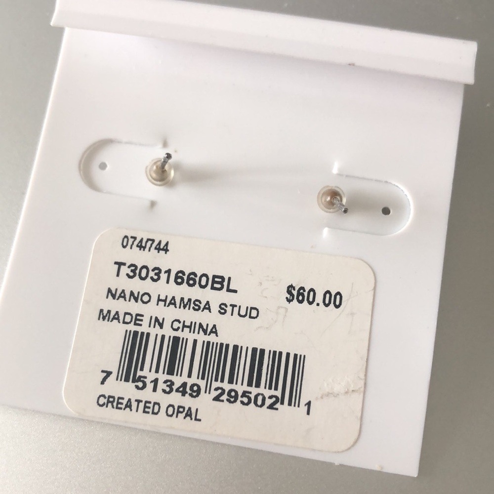 Nano Sterling Silver 925 Blue Lab Created Opal Hamsa Hand Stud Earrings - Picture 3 of 8